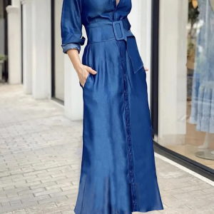 Loose Plain Shirt Collar Long Sleeve Urban faux denim Maxi Dress With Belt, Maxi Dresses, color:Denim Blue|size:XXL, Stylewe