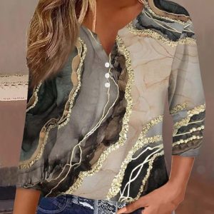 Casual Random Print Notched Three Quarter Sleeve T-shirt, T-shirts, color:Color1|size:3XL, catalog Noracora shop