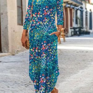 Women Floral Crew Neck Long Sleeve Comfy Casual Maxi Dress, Maxi, color:Blue|size:XXL, catalog Noracora shop