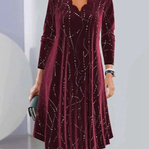 Women Geometric V Neck Long Sleeve Comfy Casual Buckle Maxi Dress, Midi, color:Red|size:3XL, catalog Noracora shop