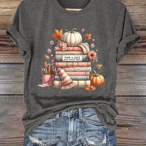 Women's Just A Girl Who Loves Fall Print Casual T-Shirt, T-shirts, Lilicloth.com