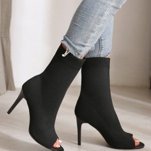 Minimalist Black Elastic Mesh Fabric Stiletto Heel Peep Toe Boots, Boots, color:Black|size:10, Stylewe