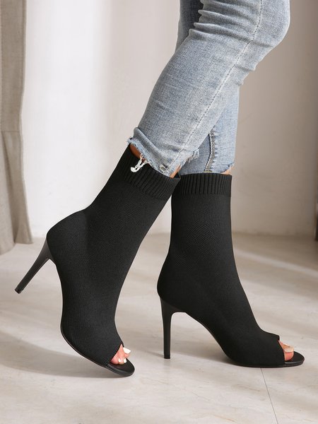Minimalist Black Elastic Mesh Fabric Stiletto Heel Peep Toe Boots, Boots, color:Black|size:10, Stylewe