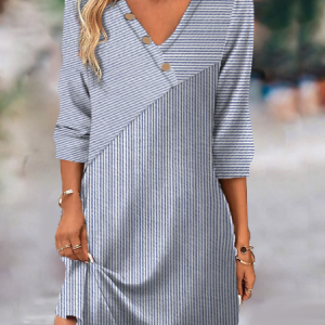 Women Striped V Neck Short Sleeve Comfy Casual Short Dress, Short, color:Blue|size:XXL, catalog Noracora shop