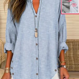 Shirt Collar Long Sleeve Striped Regular Loose Blouse For Women, Shirts, color:Blue|size:XXL, catalog Noracora shop
