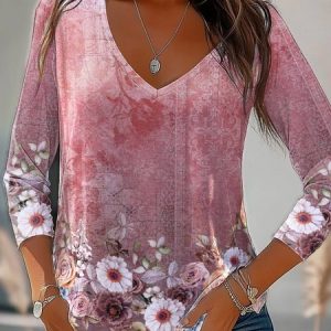 Casual Floral V Neck Long Sleeve T-shirt, Blouses, color:Pink|size:XXL, catalog Noracora shop