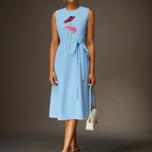 Floral Embroidered Dress With Belt, Midi Dresses, color:As Picture|size:XXL, Stylewe