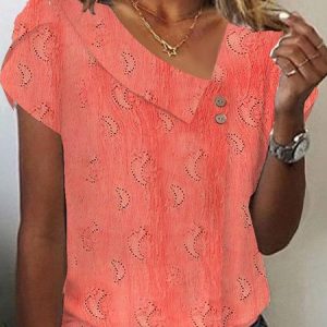 Asymmetrical Short Sleeve Plain Buckle Regular Loose Blouse For Women, Blouses, color:Orange Red|size:XXL, catalog Noracora shop