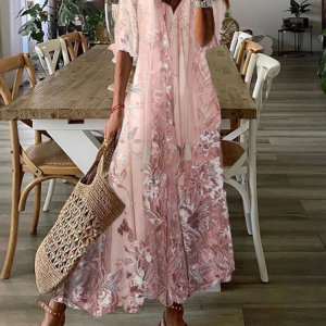 Women Floral V Neck Half Sleeve Comfy Casual Maxi Dress, Maxi, color:Pink|size:XXL, catalog Noracora shop
