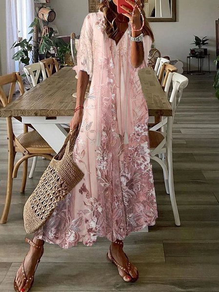 Women's Half Sleeve Summer Floral Mesh Dress V Neck Daily Going Out Casual Maxi H-Line Pink, JustFashionNow Dresses, color:Pink|size:XXL,