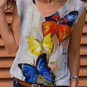 Butterfly Oil Painting Art Sleeveless Casual V Neck T-shirt, Tanks & Camis, color:As Picture|size:3XL, catalog Noracora shop