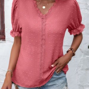 V Neck Short Sleeve Plain Regular Regular Fit Shirt For Women, Blouses, color:Cameo|size:XXL, catalog Noracora shop