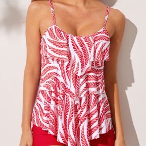 Vacation Plants Printing Scoop Neck Tankinis Two-Piece Set, Swimwear, color:Red|size:XXL, catalog Noracora shop