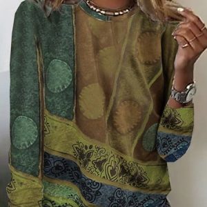 Casual Geometric Crew Neck Long Sleeve T-shirt, T-shirts, color:Coffee|size:XXL, catalog Noracora shop