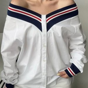 Loose Cold Shoulder Color Block Urban Shirt, Blouses and Shirts, color:White|size:XXL, Stylewe