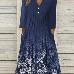 Women Floral Asymmetrical Long Sleeve Comfy Casual Pocket Stitching Maxi Dress, Dresses, color:Color1|size:3XL, catalog Noracora shop