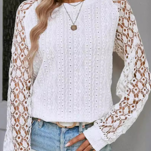 Crew Neck Long Sleeve Plain Lace Regular Micro-Elasticity Loose Blouse For Women, Blouses, color:White|size:XXL, catalog Noracora shop