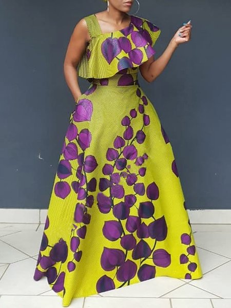 Regular Fit Elegant Asymmetrical Neck Floral Dress, Maxi Dresses, color:Yellow|size:XXL, Stylewe