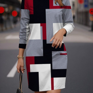 Women Geometric Crew Neck Long Sleeve Comfy Casual Mini Dress, Dresses, color:Gray|size:3XL, catalog Noracora shop
