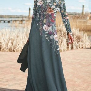 Women Floral Crew Neck Long Sleeve Comfy Casual Maxi Dress, Dresses, color:Green|size:3XL, catalog Noracora shop