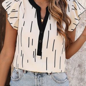 V Neck Short Sleeve Striped Regular Regular Fit Shirt For Women, Blouses, color:Apricot|size:XL, catalog Noracora shop