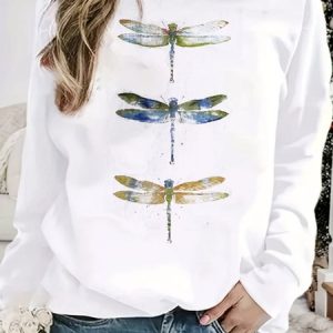 Casual Crew Neck Dragonfly Sweatshirt, Hoodies & Sweatshirts, color:White|size:XXL, catalog Noracora shop