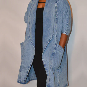 Loose Casual Loose Shawl Collar Three Quarter Sleeve Denim Denim Mid-long Coat, Jackets, color:Denim Blue|size:XXL, Stylewe