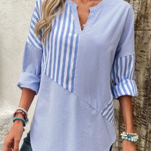 Notched Long Sleeve Striped Regular Loose Shirt For Women, Blouses, color:Blue|size:XXL, catalog Noracora shop