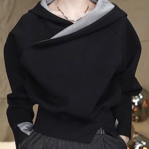 Casual Cross Neck Raglan Sleeve Plain Loosen Hoodie, Hoodies and Sweatshirts, color:Black|size:XXL, Stylewe