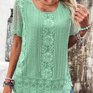 Crew Neck Short Sleeve Plain Lace Regular Loose Shirt For Women, Blouses, color:Green|size:XXL, catalog Noracora shop