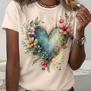 Women's Short Sleeve Tee T-shirt Summer Floral Crew Neck Daily Going Out Casual Top Apricot, JustFashionNow T-Shirts, color:Apricot|size:5XL,