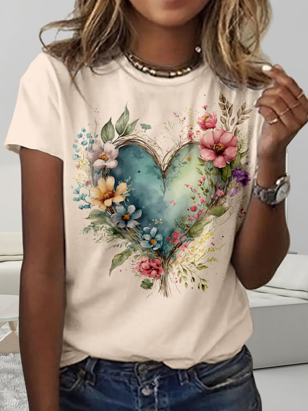 Women's Short Sleeve Tee T-shirt Summer Floral Crew Neck Daily Going Out Casual Top Apricot, JustFashionNow T-Shirts, color:Apricot|size:5XL,