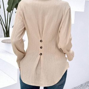 Shirt Collar Long Sleeve Plain Buckle Regular Regular Fit Blouse For Women, Blouses, color:Apricot|size:XL, catalog Noracora shop