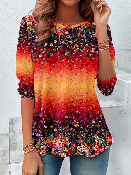 Women's Long Sleeve Tee T-shirt Spring/Fall Floral Pattern Printing Jersey Crew Neck Daily Going Out Casual Top, JustFashionNow T-Shirts, color:flower|size:XXL