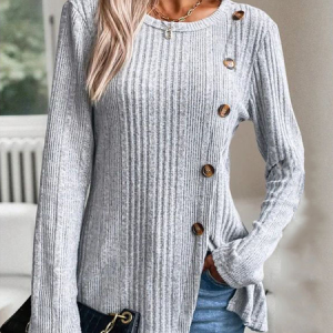 Crew Neck Long Sleeve Plain Buttoned Regular Micro-Elasticity Loose Blouse For Women, Blouses, color:Light Gray|size:3XL, catalog Noracora shop