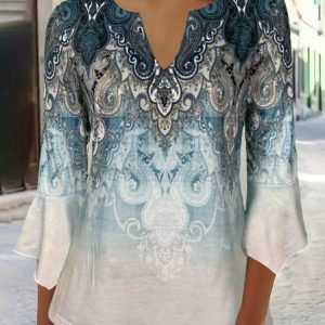 V Neck Three Quarter Sleeve Floral Regular Regular Fit Blouse For Women, Blouses, color:Dark Green|size:XXL, catalog Noracora shop