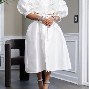 Elegant Half Sleeve Plain Shirt Dress, Midi Dresses, color:White|size:XXL, Stylewe
