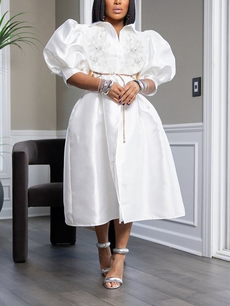 Elegant Half Sleeve Plain Shirt Dress, Midi Dresses, color:White|size:XXL, Stylewe