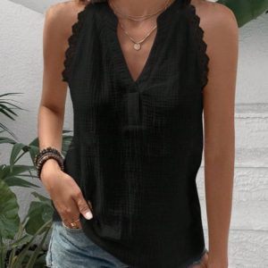 Notched Sleeveless Plain Lace Regular Loose Blouse For Women, Tanks & Camis, color:Black|size:XXL, catalog Noracora shop