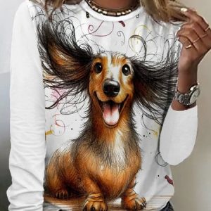 Women's Long Sleeve Tee T-shirt Spring/Fall Dog Crew Neck Daily Going Out Casual Top White, JustFashionNow Long sleeve tops, color:White|size:XXL,