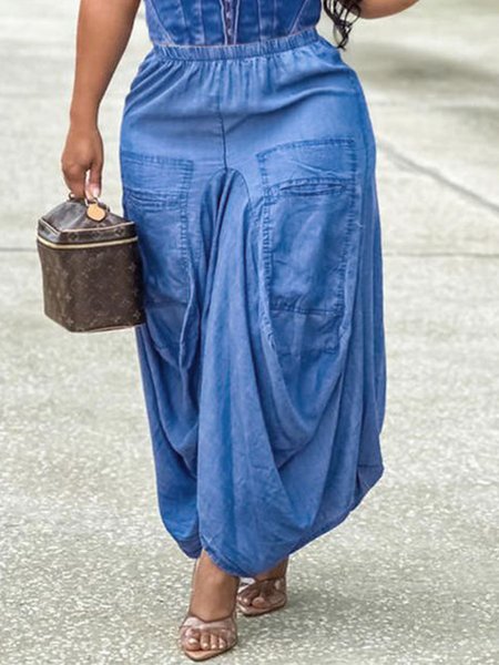 Casual Denim Plain Loose Long Skirt, Denim Skirts, color:Blue|size:XXL, Stylewe
