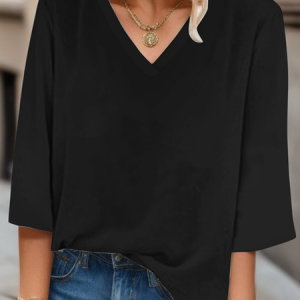 V Neck Three Quarter Sleeve Floral Regular Regular Fit Blouse For Women, Blouses, color:Black|size:3XL, catalog Noracora shop