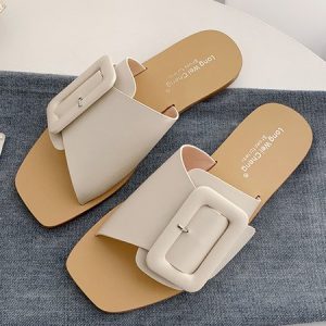 Irregular Buckle Leather Square Toe Slide Sandals, Slippers, color:Off White|size:40, Stylewe