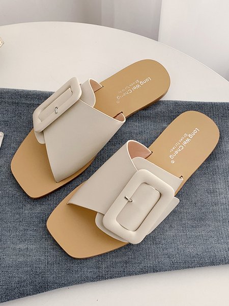Irregular Buckle Leather Square Toe Slide Sandals, Slippers, color:Off White|size:40, Stylewe