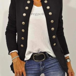 Women's Plain Buttoned Regular Regular Fit Jacket, Outerwear, color:Black|size:XXL, catalog Noracora shop