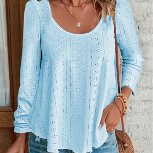 Crew Neck Long Sleeve Plain Regular Loose Blouse For Women, Blouses, color:Blue|size:3XL, catalog Noracora shop