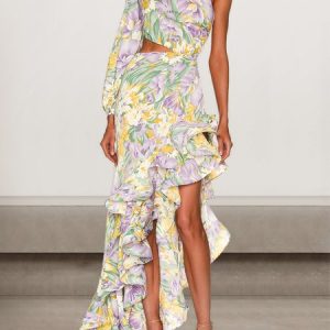 Women Floral One Shoulder Long Sleeve Comfy Sexy Maxi Dress, Dinner dress, color:White-Yellow|size:L, catalog Noracora shop