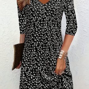 Women Ditsy Floral V Neck Half Sleeve Comfy Casual Midi Dress, Midi, color:Black|size:XXL, catalog Noracora shop