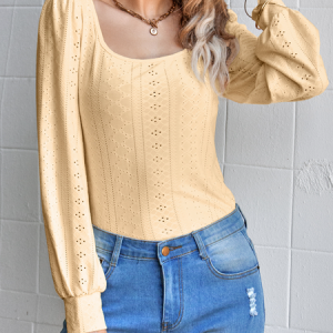 Crew Neck Long Sleeve Plain Regular Loose Blouse For Women, Blouses, color:Yellow|size:XL, catalog Noracora shop