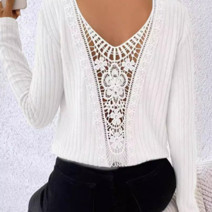 Crew Neck Long Sleeve Plain Lace Regular Micro-Elasticity Loose Blouse For Women, Blouses, color:White|size:3XL, catalog Noracora shop